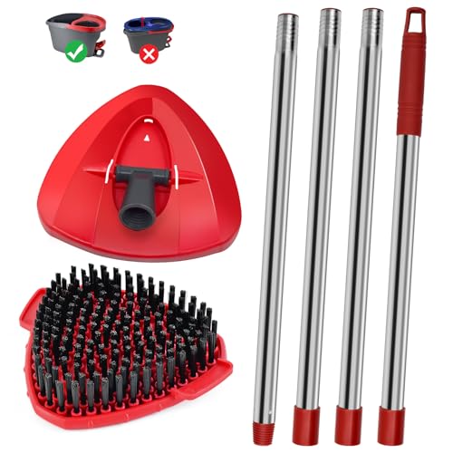 4 Part Stainless Steel Spin Mop Handles, Mop Base & Upgrade Scrub Brush Combo for Ocedar EasyWring 1 Tank Spin Mop System, Mop Handle Mop Base & Brush Set for O Cedar Mop, Universal Thin Screw Joints