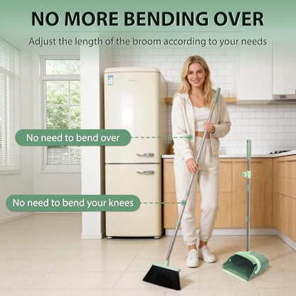 YZO Broom and Dustpan Set, 54.33 Inch Long Handle Standing Design, Dustpan Front Rubber Tight Seal, Broom with 5 Layer Bristles, Suitable for Living Room, Bedroom, Yard, Office and Apartment(Green) - color: Green