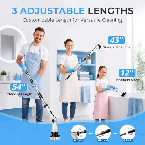 Electric Spin Scrubber, Cordless 3 Speeds 8 Heads Bathroom Cleaning Brush | 450RPM, 54" Extendable Handle, 8 Replaceable Brush Heads, Heavy-Duty, Power Scrubber for Shower, Tub, Tile, Floor, Wall Clean