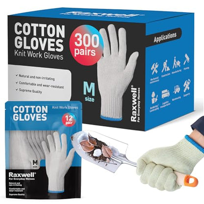 Raxwell White Cotton Gloves, 300 Pairs Bulk Case – Durable Knit Work Liners for BBQ, Painting, Gardening, Industrial, Mechanical Use, Medium Size, Breathable, Comfortable - size: Medium, style: Work Glove