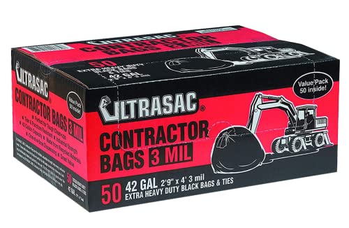 Ultrasac Heavy Duty Contractor Bags (VALUE 50 PACK/w TIES), 42 Gallon, 32.75" X 47" - 3 MIL Thick Large Black Industrial Garbage Trashbags for Construction and Commercial use