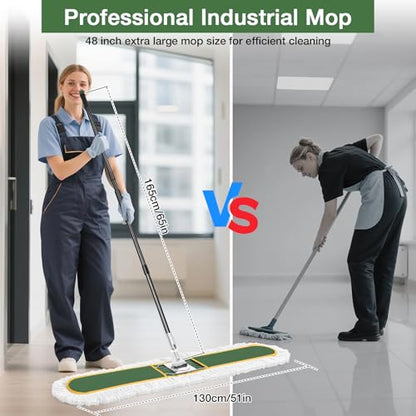 48" Commercial Dust Mop for Floor Cleaning with 2 Cotton Mop Pads | Heavy Duty Wet Dry Broom with 65" Metal Handle for Commercial Industrail Office Garage Warehouse Factory Mall/Green