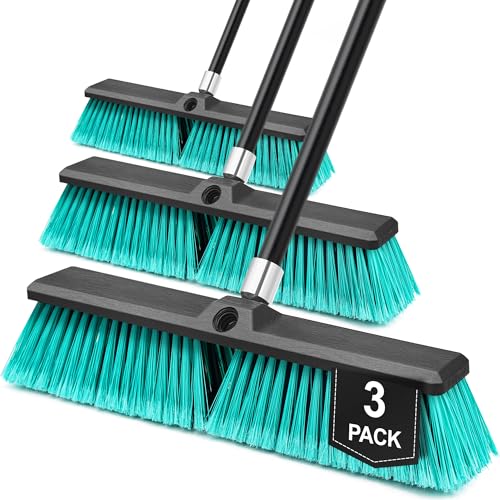 TidyBliss 18” Push Broom Outdoor Heavy Duty 3 Pack, Large Commercial Stiff Bristle Brush with 63 inches Long Handle for Garage Shop Garden Yard Patio Deck Street Warehouse Lawn Driveway (Green) - color: Blue