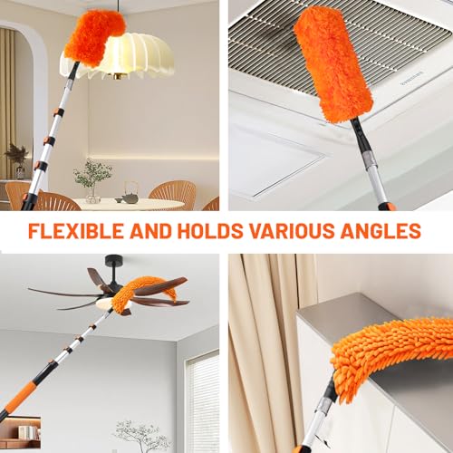 30ft High Reach Duster Kit with Extendable Pole (5-24ft),High Ceiling Duster Kit Includes–Ceiling Fan Blade Cleaner, Cobweb Remover, Bendable Duster, Microfiber Glass Scrubber & Squeegee & Swivel Head - size: 24 feet