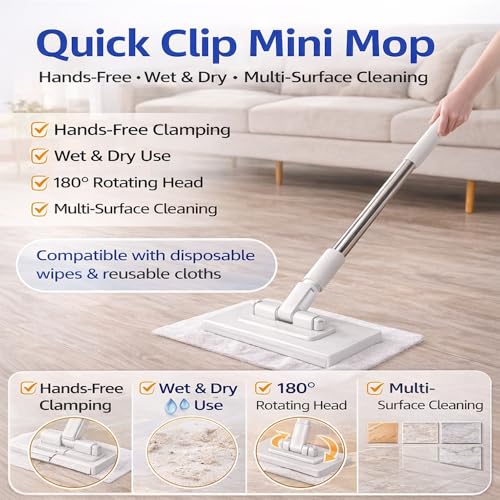 Quick Clip Mini Mop, One-Press Holder Mini Mops, 40In Long Handle Mopping Sweeper Stick, Retractable Handle Gap Cleaner for Kitchen Bathroom (1*Mop+5*Cleaning Cloth) - color: 1*mop+5*cleaning Cloth