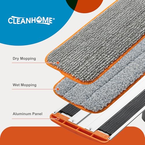 CLEANHOME Microfiber Mop Floor Dust Mop with Extendable Long Handle, Flat Mop with 4 Reusable Pads and 1 Dirt Removal Scrubber, Suitable for Home Kitchen Bathroom Living Room Cleaning | Telescopic Aluminum Flat Mop with Dust, Polish & Wet Wash Functions,&
