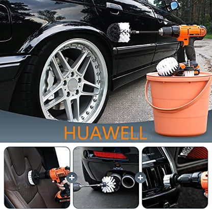 HUAWELL 8 Piece Soft White Drill Brush with Extend Attachment Set-Car Interior Detailing Kit, All Purpose for Car, Boat, Seat, Carpet, Upholstery, Bathroom, Grout, Floor and Tile (White) - color: White
