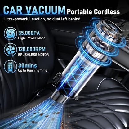Car Vacuum Portable Cordless, 35000Pa High Power Brushless Motor Handheld Vacuum, 6-in-1 Rechargeable Mini Cleaner with Air Duster for Car, Home, Pet Hair, Keyboard, Graphite Grey