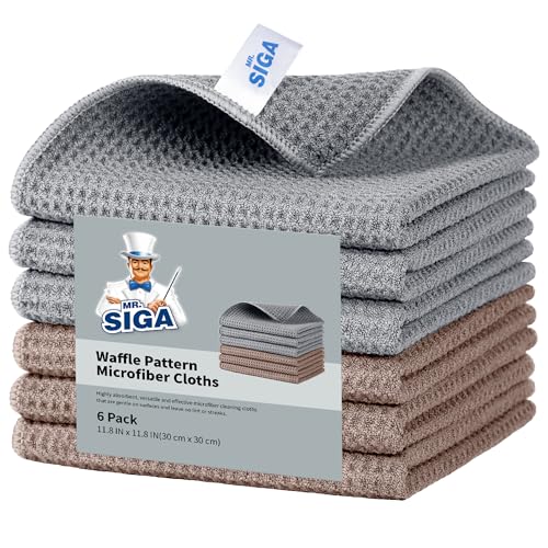 MR.SIGA Waffle Pattern Cleaning Cloths, Reusable Absorbent Microfiber Cleaning Cloths, Lint Free Microfiber Kitchen Towels, 6 Pack, Gray, 11.8 x 11.8 inch