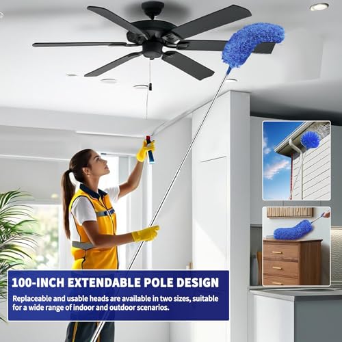 Cobweb Duster with Extension Pole, Washable Cleaning Duster Set with 2 Duster Heads, Spider Web Brush with Pole,high Ceiling Duster with Extension Pole,Cleaning Supplies,Ceiling Fan Cleaner