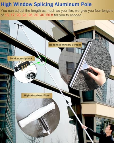 Professional 13 ' - 50 Ft Window Cleaning Tool, 3 in 1 High Window Washing Kit with Aluminum Pole & Fiber Duster, Window Cleaner Tools for Hard to Reach Outside/Housekeepin - color: 9m/29.5ft