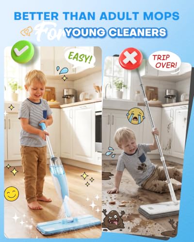Kids Spray Mop, Blue Toddler Cleaning Set with Refillable Water Spray Tank, Lightweight Pretend Play Mop Toy for Boys Girls, Montessori Housekeeping Toy Gift - size: Blue, style: Spray Mop