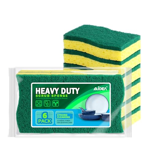 AIDEA Sponges Kitchen, Heavy Duty Scrub Sponge, 6Count, Sponges for Dishes, Cellulose Kitchen Sponge, Scrubbing Power for Tough Messes, Cleaning Power for Non Coated Cookware, Dishes, Pots, Pans - color: Green