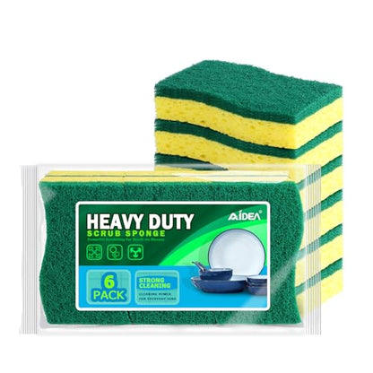 AIDEA Sponges Kitchen, Heavy Duty Scrub Sponge, 6Count, Sponges for Dishes, Cellulose Kitchen Sponge, Scrubbing Power for Tough Messes, Cleaning Power for Non Coated Cookware, Dishes, Pots, Pans - color: Green