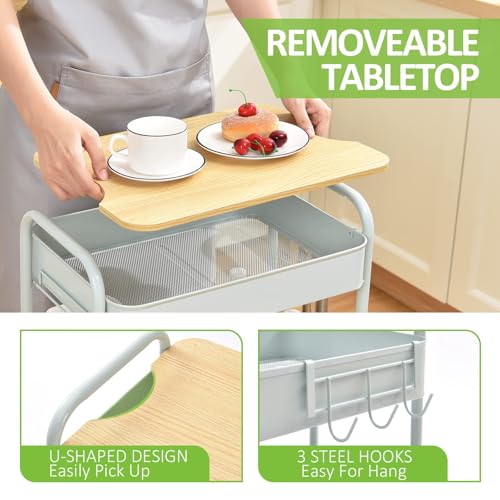 TOOLF 3-Tier Rolling Cart with Table Top, Metal Storage Cart on Wheels, Utility Organizer with Wooden Tray, Lockable Casters, Easy Assembly for Bathroom, Bedroom, Baby Room, Kitchen, Green - color: Green