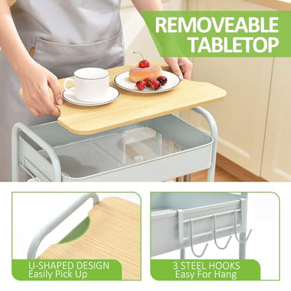 TOOLF 3-Tier Rolling Cart with Table Top, Metal Storage Cart on Wheels, Utility Organizer with Wooden Tray, Lockable Casters, Easy Assembly for Bathroom, Bedroom, Baby Room, Kitchen, Green - color: Green