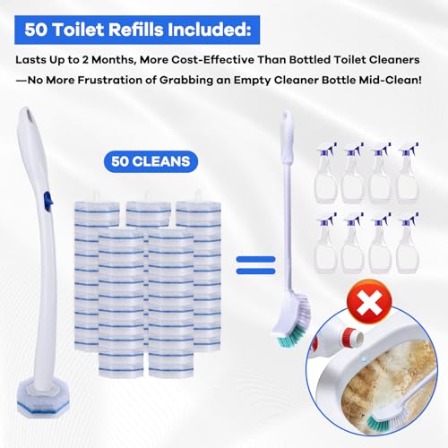 Upgraded Disposable Toilet Brush and Holder Set, 50 Toilet Wand Refills with Thickened Cleaning Layer, Won't Fall Apart, Large Opening Storage Caddy, Long Handle, for Home & Commercial Use