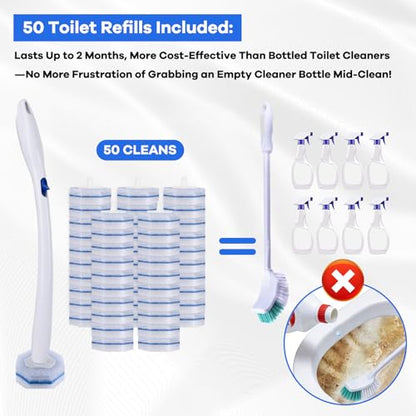 Upgraded Disposable Toilet Brush and Holder Set, 50 Toilet Wand Refills with Thickened Cleaning Layer, Won't Fall Apart, Large Opening Storage Caddy, Long Handle, for Home & Commercial Use