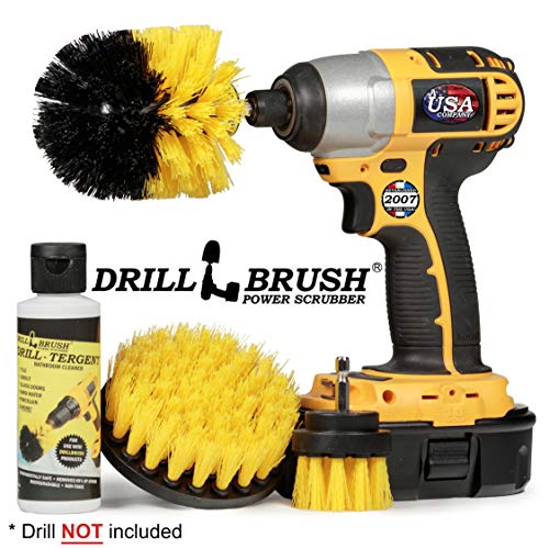 Drillbrush Heavy Duty Grout Cleaner Drill Brush Attachment Set With Drilltergent All Purpose Cleaner - Drill Powered Spin Brush For Cleaning Bathroom Surfaces Like Tile, Grout, Showers, Tubs, and More