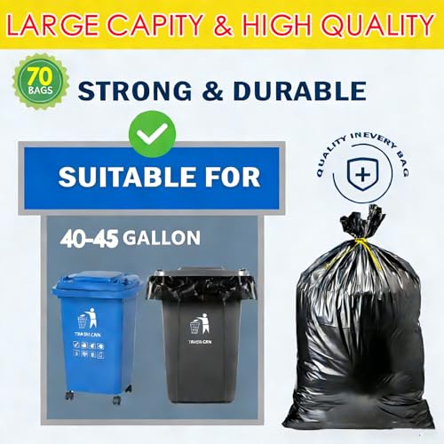 45 Gallon Trash Bags, Heavy Duty Garbage Bags, 70 Count 2.0 Mil Extra Thick 36”x 44” Trash Can Liners Large Plastics Garbage Trash Bag for Industrial, Home, Kitchen, Commercial, Yard, Lawn, Leaf - size: 1 Count (Pack of 70)