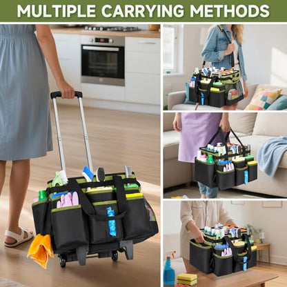Large Rolling Cleaning Caddy Bag with Detachable Trolley,Cleaning Cart on Wheels with Shoulder Strap,Cleaning Supplies Organizer for Housekeepers,Green - color: Green