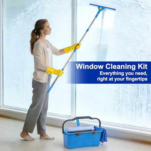 Professional Window Cleaning Kit, Window Washing Kit with 3 Gallon Bucket, 14-Inch Squeegee & 15-Inch Scrubber, 61-Inch Extendable Pole, Window Cleaning Equipment for Home & Commercial (61 inch-2) - size: 61 inch-2