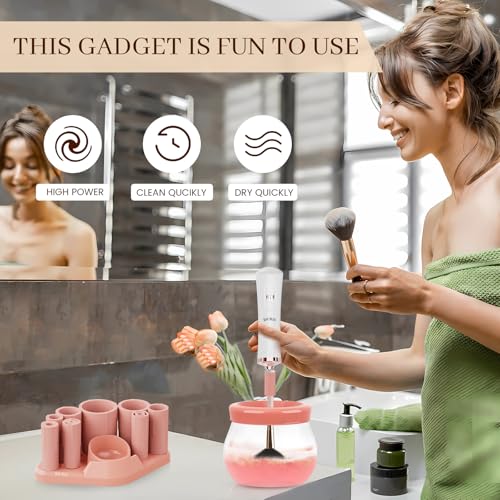 RICRIS Electric Makeup Brush Cleaner and Dryer Machine - Super Fast Clean and Dry Make Up Brushes - Automatic Cosmetic Brush Spinner Washer Tools - color: White-Peach