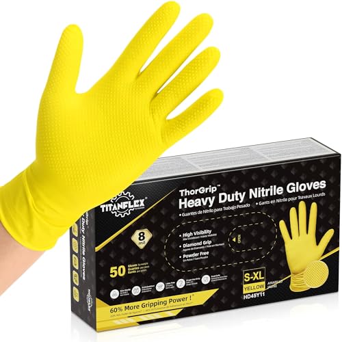 TitanFlex Heavy Duty Industrial Nitrile Gloves with Raised Diamond Texture, 8-mil, Latex Free (Green/Dark Green/Yellow) - color: 07 Yellow (50ct), size: XX-Large
