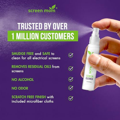Screen Cleaner Spray and Microfiber Cloths 2-Pack (2x1oz) by Screen Mom-Screen Cleaner Spray and Wipe for TV, Computer, Phone, iPad, Car Screen Cleaning Kit Electronic Cleaner Spray - size: 1oz Pack of 2