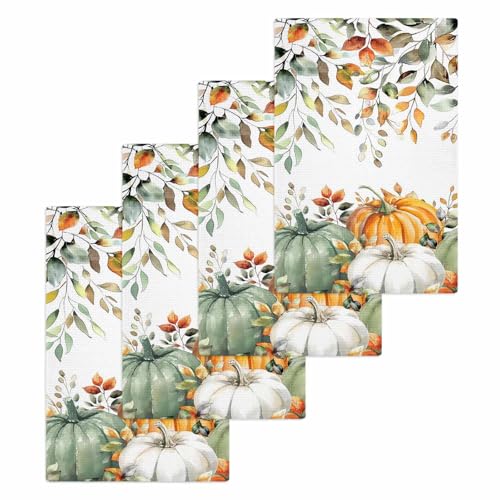 Fall Thanksgiving Pumpkin Eucalyptus Hand Towels Set,Waffle Weave Kitchen Towels 4 Pieces,Sage Green Orange White Microfiber Hair Bath Tea Towel Absorbent Quick Drying Cleaning Dish Cloths,15.7"x23.6" - color: Sage Green Pumpkin Orange White, size: 4PCS,1