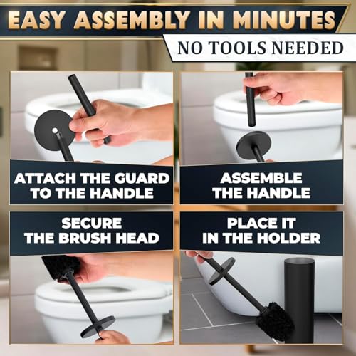 Black Toilet Brush and Holder Set - Scratch Resistant Black Toilet Bowl Brush and Holder with Soft Bristles Replaceable Head, Protection from Splashes, and Compact Design - for Effective Cleaning - color: Black