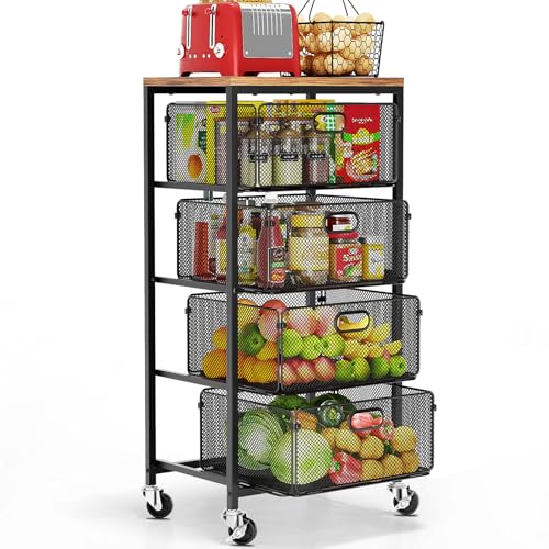 Goovilla Kitchen Cart with Drawers, 4 Tier Metal Rolling Utility Cart Organizer on Lockable Wheels with Wooden Top, Black Fruit Vegetable Storage Rack Also for Cans, Snack, Craft, Art, Office, Beauty - size: Black
