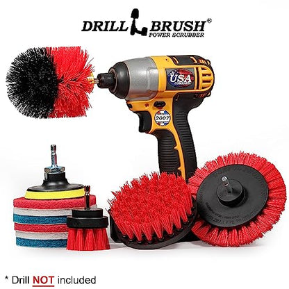 Drillbrush Commercial Heavy Duty Scouring Pads and Scrubber Set Drill Powered Nylon Scrub Brush Attachment Set Outdoor Cleaning Drill Brush Power Scrubber - color: Red