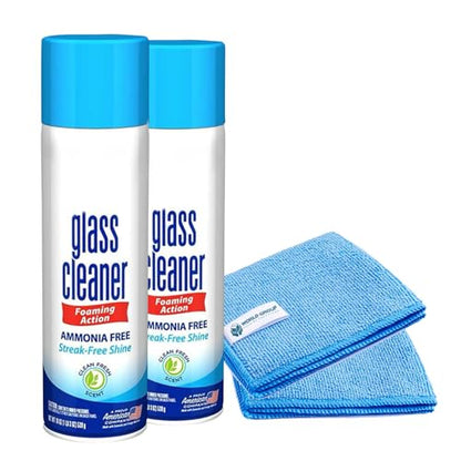 Glass Cleaner Foam, Foaming Action & Spray, 19oz - 2 Pack - Clean Fresh Scent - Bundled With 2 Microfiber Rags
