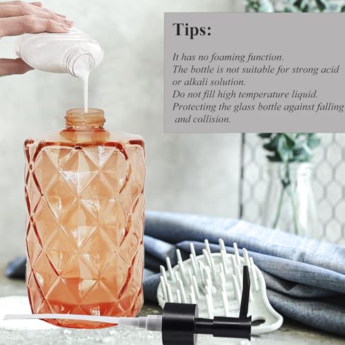 12Oz Small Glass Soap Dispenser with Black Plastic Pump, Amber Refillable Kitchen Countertop Liquid Hand Soap Dispensers with Diamond Design, Crystal Bathroom Lotion Bottle for Dispense Dish Soap - color: Amber Diamond