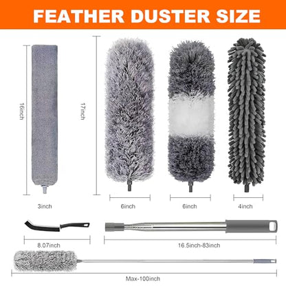 Professional Microfibre Dusters for Cleaning | Duster with Extension 100" | Cobweb Remover Duster Kit with 4 Washable Heads | Bendable Feather Duster for High Ceilings,Fans & Hard-to-Reach Areas,7PCS