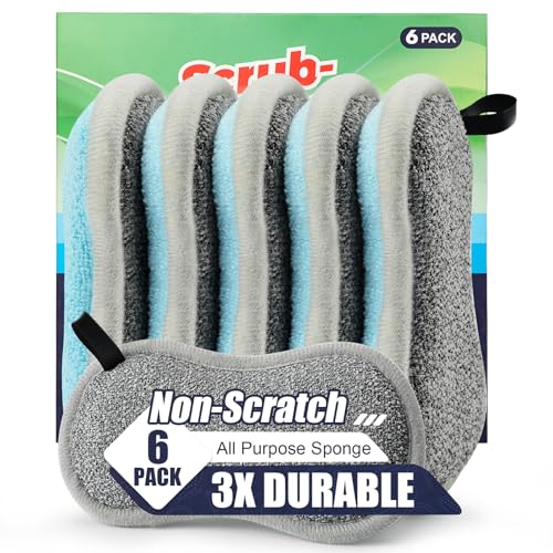 Dual Sided All-Purpose Sponges Kitchen,Dish Sponge for Washing Dishes Cleaning Kitchen,Non Scratch,Rough Scrubbers for Non-Stick Cookware, Soft Microfiber Scrub for Dishes(Bule,6Pack) - color: Blue