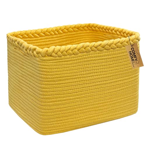 COMFY-HOMI Cotton Rope Woven Basket with Handles for Shelves,Toys,Book, Cloth Storage Baskets Bin for Organizing- 1 PCSToy Decorative Organizer for Living Room, Bathroom - color: Yellow, size: 13.5"X11"X9.5"