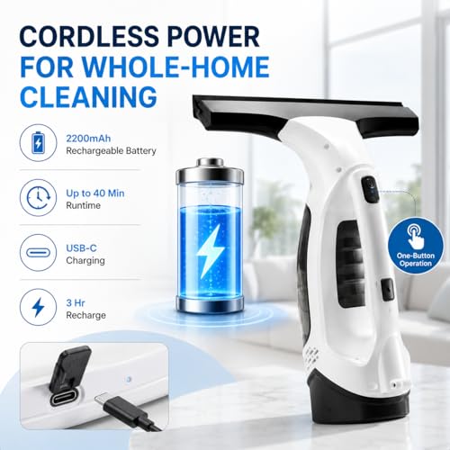 Window Vacuum Squeegee Cordless, Electric Window Cleaner with 2000Pa Suction, Window Vacuum Cleaner Tool with 2200mAh Battery for Shower Glass Doors, Mirrors, Tiles and Car Windows (White)