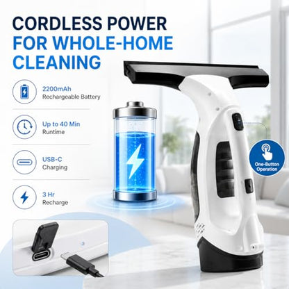 Window Vacuum Squeegee Cordless, Electric Window Cleaner with 2000Pa Suction, Window Vacuum Cleaner Tool with 2200mAh Battery for Shower Glass Doors, Mirrors, Tiles and Car Windows (White)
