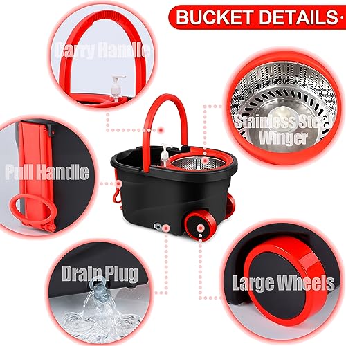 Spin Mop and Bucket with Wringer Set on Wheels, 360° Spinning Mop Bucket System with 3 Microfiber Mop Replacement Heads and 61" Stainless Steel Adjustable Handle for Floor Cleaning - color: Black-3
