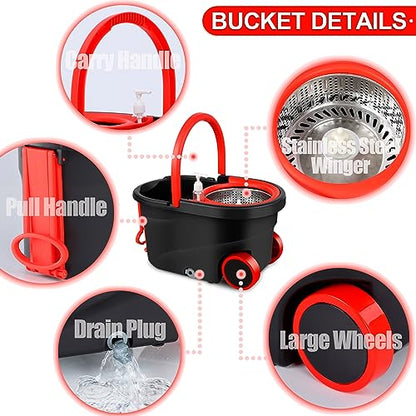 Spin Mop and Bucket with Wringer Set on Wheels, 360° Spinning Mop Bucket System with 3 Microfiber Mop Replacement Heads and 61" Stainless Steel Adjustable Handle for Floor Cleaning - color: Black-3
