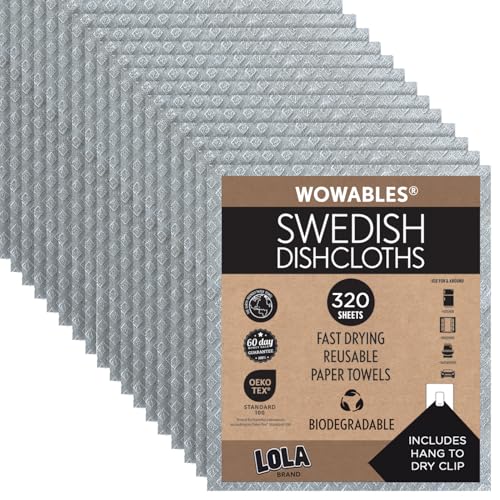 LOLA Swedish Dishcloths for Kitchen 320 Sheets, Biodegradable Compostable Reusable Paper Towel Cleaning Cloths No Odor Washing Dishes Ultra Absorbent Cellulose Sponge Towel Made in Germany - color: Battleship Gray, size: 320 Sheets