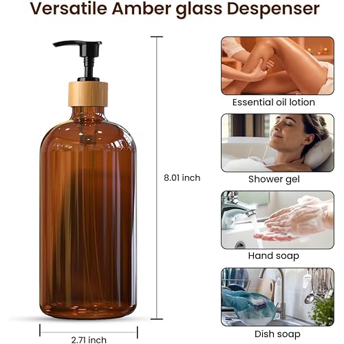 Sunrise Premium 16 OZ Thick Amber Glass Soap Dispenser, Bamboo Pump with Tray 4 Pack, Hand and Dish Soap Dispenser Set for Bathroom with 12 Waterproof Labels - color: Plastic Bamboo Pump - Amber Glass Pack 4