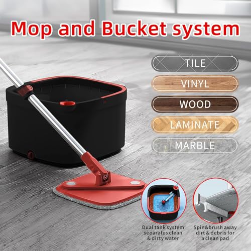 Spin Mop and Bucket Set with Separation Dirty and Clean Water System, Self Wringing 360° Rotating Clean Mop-Head and Bucket Set for Hardwood Tile Marble Floor with 6pc Replaceable Mop Pads - size: Black+Red Mop Set with 6 Pads