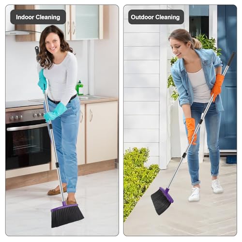 Broom and Dustpan Set, 51" Long Handle Broom with Dustpan Combo Set, Windproof and Self-Cleaning Teeth, Purple Household Dust Pan Set Sweep Kitchen Office Lobby Pet Room - color: Purple