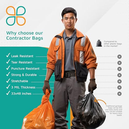 PlasticMill Contractor Bags Heavy Duty - Commercial, Industrial Garbage Bags - Orange Construction Trash Bags - Outdoor, Garden Trash Bags, 42-Gallon, 3 Mil, 33"x48" (50-Count)