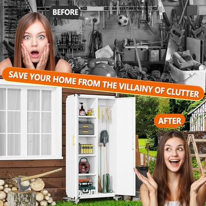 Broom Closet Storage Cabinet, Metal Cleaning Cabinets with Hanging Rod and S-Hooks, Lockable Tool Cabinets, Utility Cabinet for Garden, Bathroom, Laundry Room, White - color: White