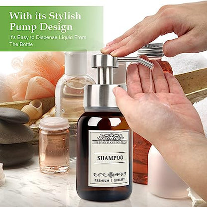 Wall Mount Soap & Shampoo Dispenser, 8.5oz Silver Pump Bottle | silver & brown design with leakproof pump and waterproof labels; rust-resistant, easy to refill for modern hotels. - color: Silver Set of 1