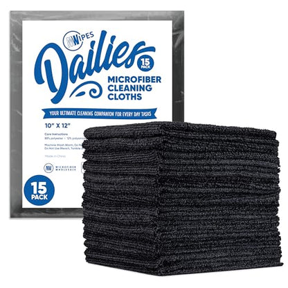 Dailies Microfiber Cleaning Cloths | 15-Pack (Black) 12"x10" | Fits TowelNest Dispenser | Reusable, Absorbent, Washable | Eco-Friendly Paper Towel Alternative - color: Black, size: 15 Count (Pack of 1)